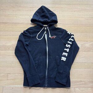 Vintage Hollister Navy Zip Hoodie Embroidered Sleeve Women's S Y2K